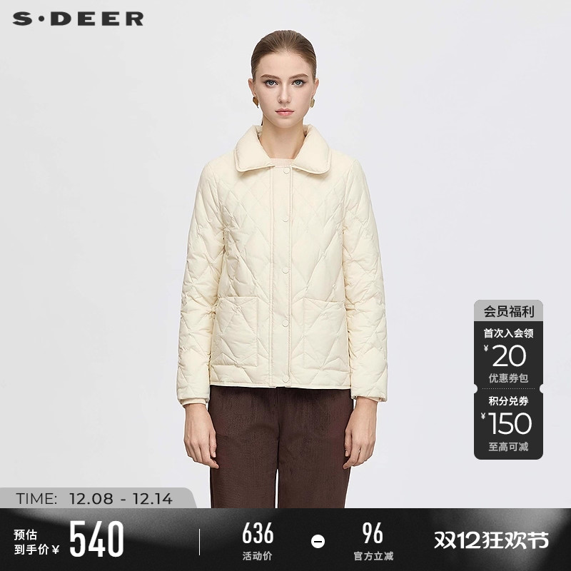 sdeer休闲翻领菱形格轻薄羽绒服