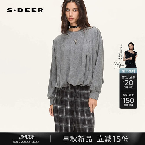 sdeer压褶蜘蛛胸针网纱长袖T恤