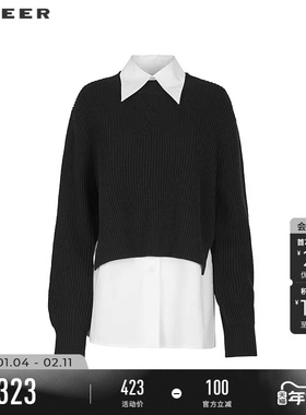 sdeer圣迪奥冬季女装时尚翻领撞色衬衫针织衫套装S244Z1413