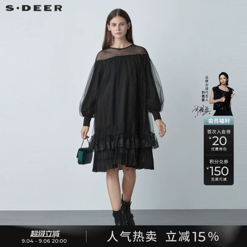 sdeer圣迪奥春秋装优雅圆领网纱蕾丝灯笼袖黑色连衣裙女S221Z1281