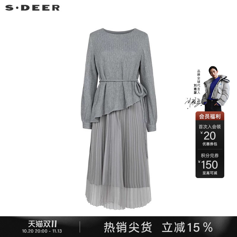 sdeer圣迪奥春秋装女装圆领收腰网纱针织拼接连衣裙S241Z1212