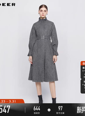 sdeer圣迪奥冬装女装立领收腰暗条纹长款毛呢大衣S244Z2507