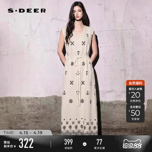 sdeer田园V领印花收腰无袖连衣裙
