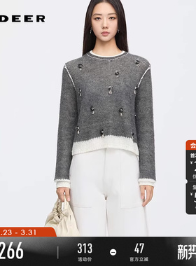 sdeer圣迪奥女装春秋装罗纹圆领撞色钉珠宽松针织衫S253Z3508