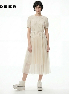 sdeer圣迪奥女装夏季田园风圆领绣花网纱收腰短袖连衣裙S252Z12C9
