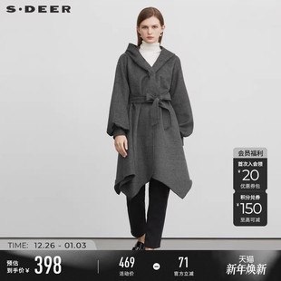 sdeer圣迪奥女装 不规则摆毛呢大衣S224Z2502 连帽格纹收腰泡泡袖