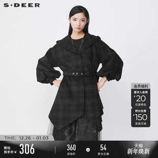 sdeer圣迪奥女装 连帽撞色格纹不规则收腰宽松大衣S214Z1703