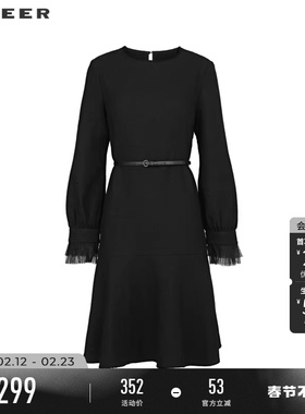 sdeer圣迪奥春秋装女装复古圆领收腰网纱宽松连衣裙S233Z12B1