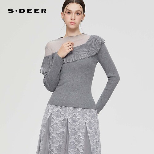 sdeer圆领撞色荷叶边修身针织衫