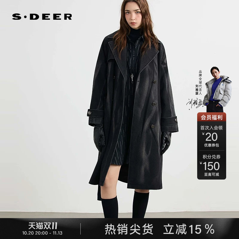 sdeer圣迪奥女装秋装时尚翻领收腰做旧牛仔长款风衣S253Z1801