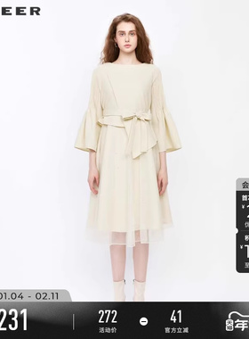 sdeer圣迪奥春装女装圆领压褶收腰网纱喇叭袖连衣裙S241Z1252