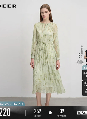 sdeer圣迪奥女装春秋装圆领风琴褶收腰印花长袖连衣裙S243Z1205