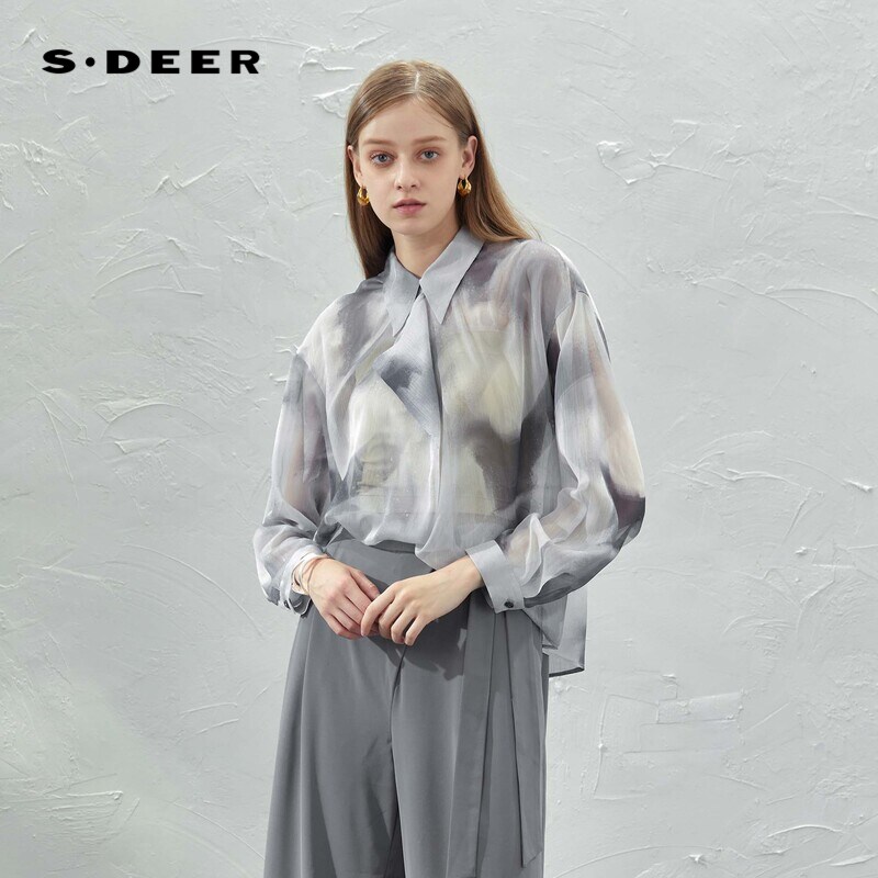 【然姐专属】翻领不规则晕染雪纺长袖衬衫S232Z0523