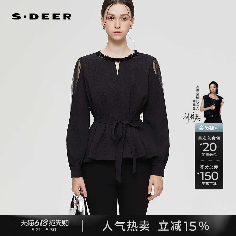 sdeer圣迪奥女装春秋装复古圆领网纱拼接收腰衬衫S253Z05