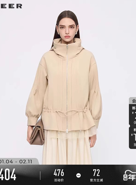 sdeer圣迪奥女装25年新品高领连帽收腰网纱宽松外套S253Z2220