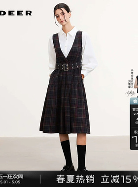 sdeer圣迪奥女装26年新品学院风V领撞色收腰背带连衣裙S261Z1201