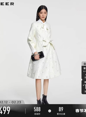 sdeer圣迪奥春装女装小香风圆领灯笼袖收腰长款风衣S231Z2504