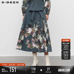 sdeer圣迪奥女装 马面裙A字伞裙S233Z1132 休闲系带印花百褶新中式
