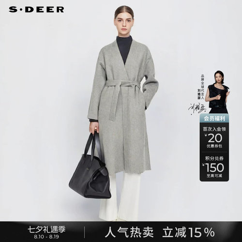 sdeerOL风V领收腰双面呢宽松大衣
