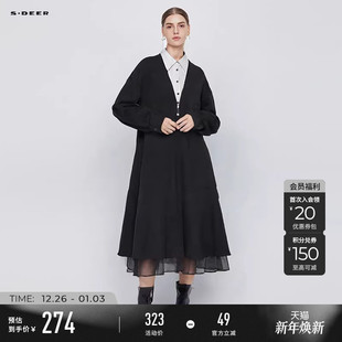sdeer圣迪奥冬季 翻领条纹网纱假两件连衣裙S244Z1201 女装