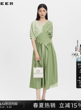 sdeer圣迪奥夏季女装V领撞色泡泡袖雪纺连衣裙S232Z12N6