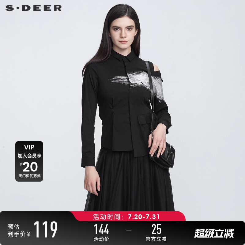 sdeer翻领印花网纱挖肩黑色衬衫