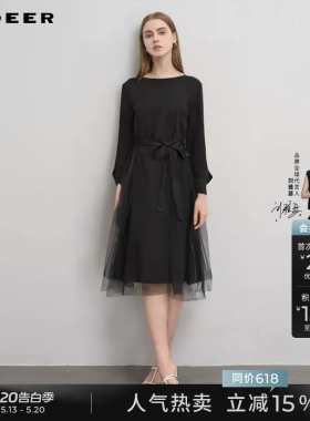sdeer圣迪奥春秋装女装圆领收腰晕染网纱泡泡袖连衣裙S233Z12D7