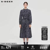 sdeer圣迪奥女装 春秋装 木耳边圆领风琴褶印花连衣裙S253Z12B1
