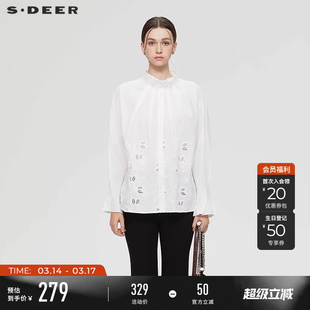 sdeer圣迪奥女装春秋装时尚立领收腰绣花不规则衬衫S253Z0548