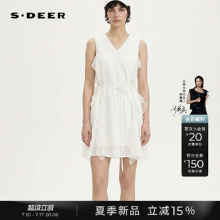 sdeer圣迪奥女装2026夏季新款V领网纱拼接收腰白色无袖连衣裙