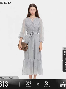 sdeer圣迪奥女装25年新品复古圆领绣花收腰长袖连衣裙S253Z1258