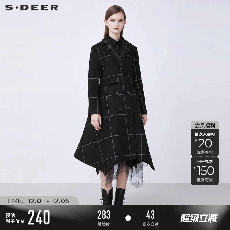 sdeer西装领收腰格纹毛呢大衣