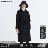 sdeer圣迪奥冬季 休闲连帽亮片收腰中长款 黑色毛呢大衣女S20481813