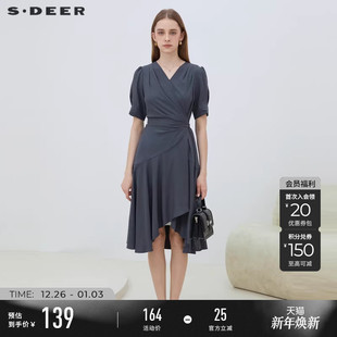 sdeer圣迪奥夏女装 裙子女小众设计感OL风V领拼接连衣裙S223Z121B
