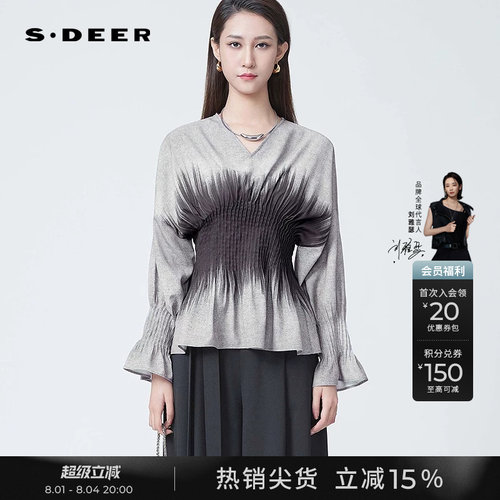 sdeerOL风V领压褶印花不规则衬衫