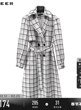sdeer圣迪奥春秋装女装英伦风翻领格纹收腰长款大衣S223Z1858