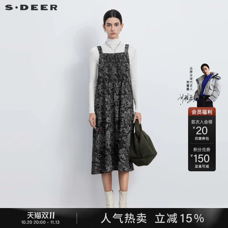sdeer圣迪奥秋装女装时尚风琴褶印花背带连衣裙S233Z12R6