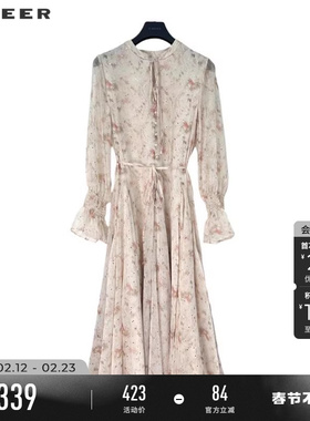 sdeer圣迪奥春秋装女装田园风圆领碎花收腰不规则连衣裙S243Z1228