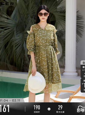 sdeer圣迪奥春秋碎花连衣裙复古V领露肩网纱法式茶歇裙S223Z121R