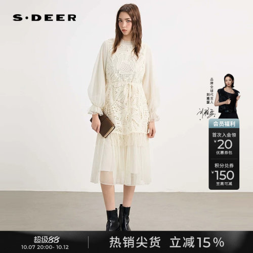 sdeer木耳边圆领收腰网纱连衣裙