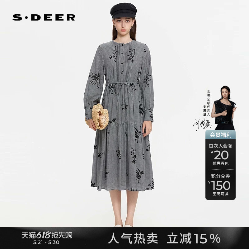 sdeer圣迪奥女装春秋装复古圆领绣花网纱格纹连衣裙S253Z1