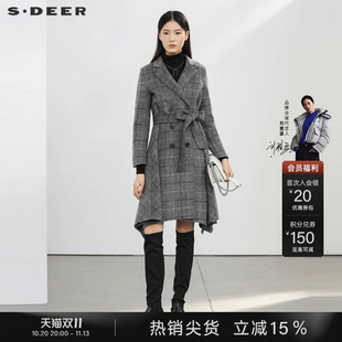 sdeer圣迪奥女装秋冬外套领格纹收腰千金毛呢长款大衣S22482513