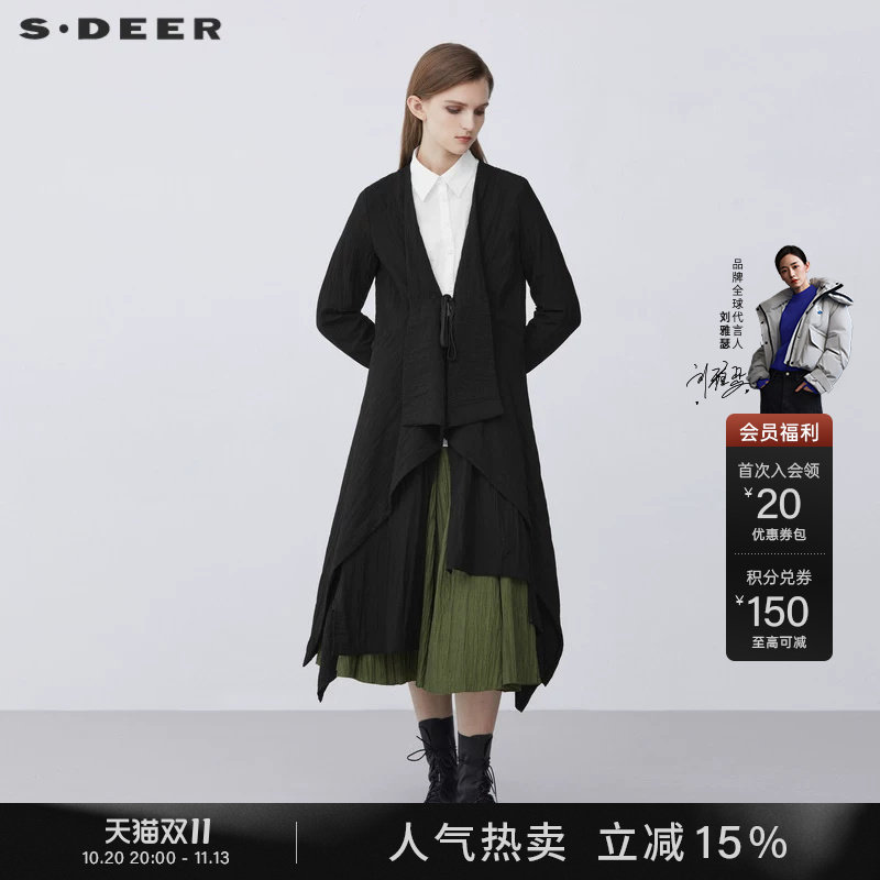 sdeer圣迪奥秋装女装休闲V领肌理褶皱不规则长袖风衣S21381809