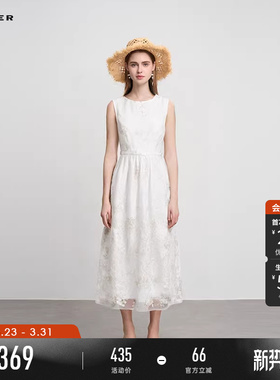 sdeer圣迪奥女装淡人穿搭圆领绣花收腰网纱无袖连衣裙S242Z12L2