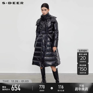 羽绒服S23462402 高领连帽收腰亮面长款 sdeer圣迪奥冬装 女装