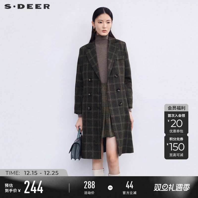 sdeer西装领双排扣格纹毛呢大衣