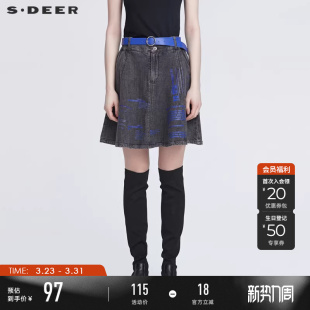腰带撞色字母A字牛仔短裙S22181303 个性 sdeer圣迪奥女装 春装