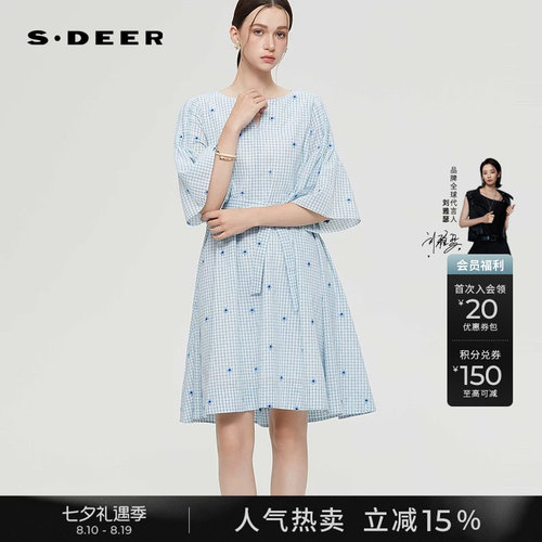 sdeer绣花收腰格纹喇叭袖连衣裙