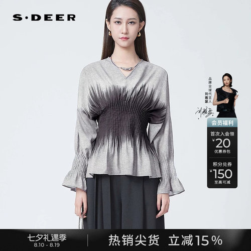 sdeerOL风V领压褶印花不规则衬衫