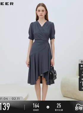 sdeer圣迪奥夏女装裙子女小众设计感OL风V领拼接连衣裙S223Z121B